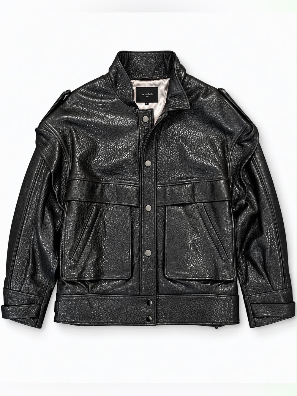 Luca Della Italy Women’s Black Faux Leather Jacket Utility Cargo Pockets Size M